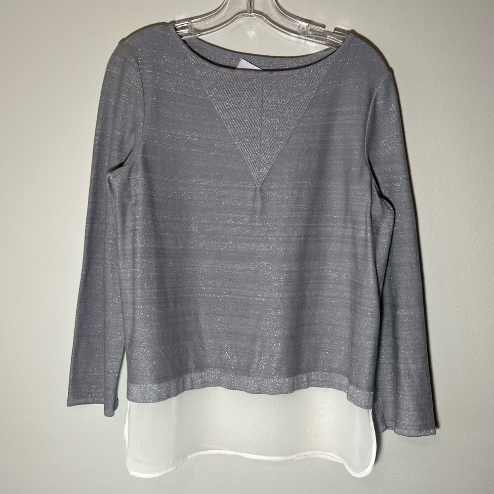 "MING" Sweater Top Womens Size Small Silver Metallic White Sheer EUC